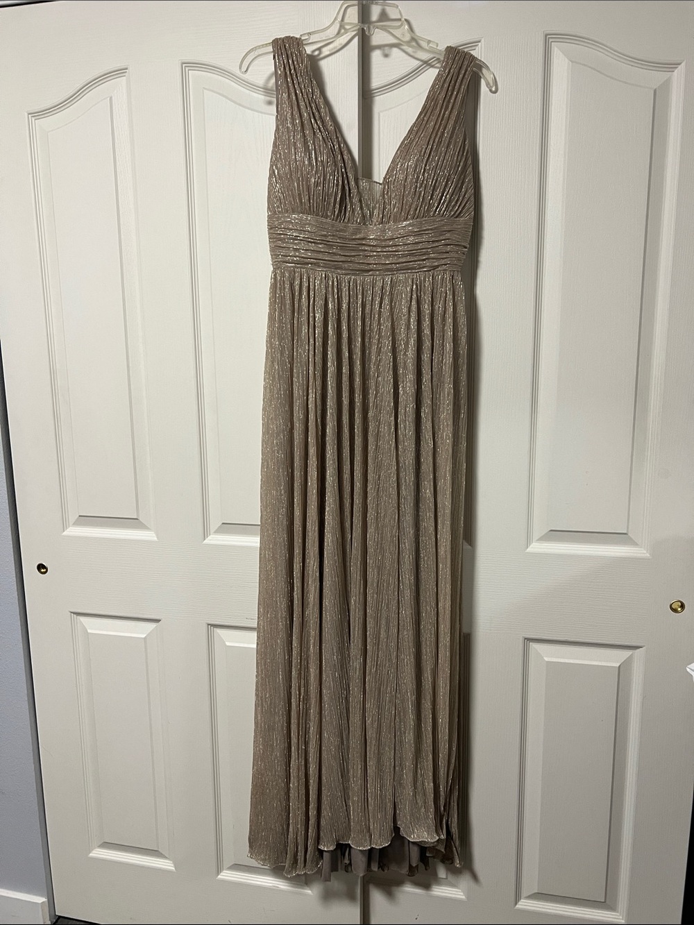 Elegant Shimmery Taupe V-Neck Maxi Dress
